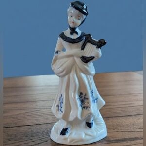 Vintage Porcelain Figurine with Blue Floral Dress With Lyre Harp